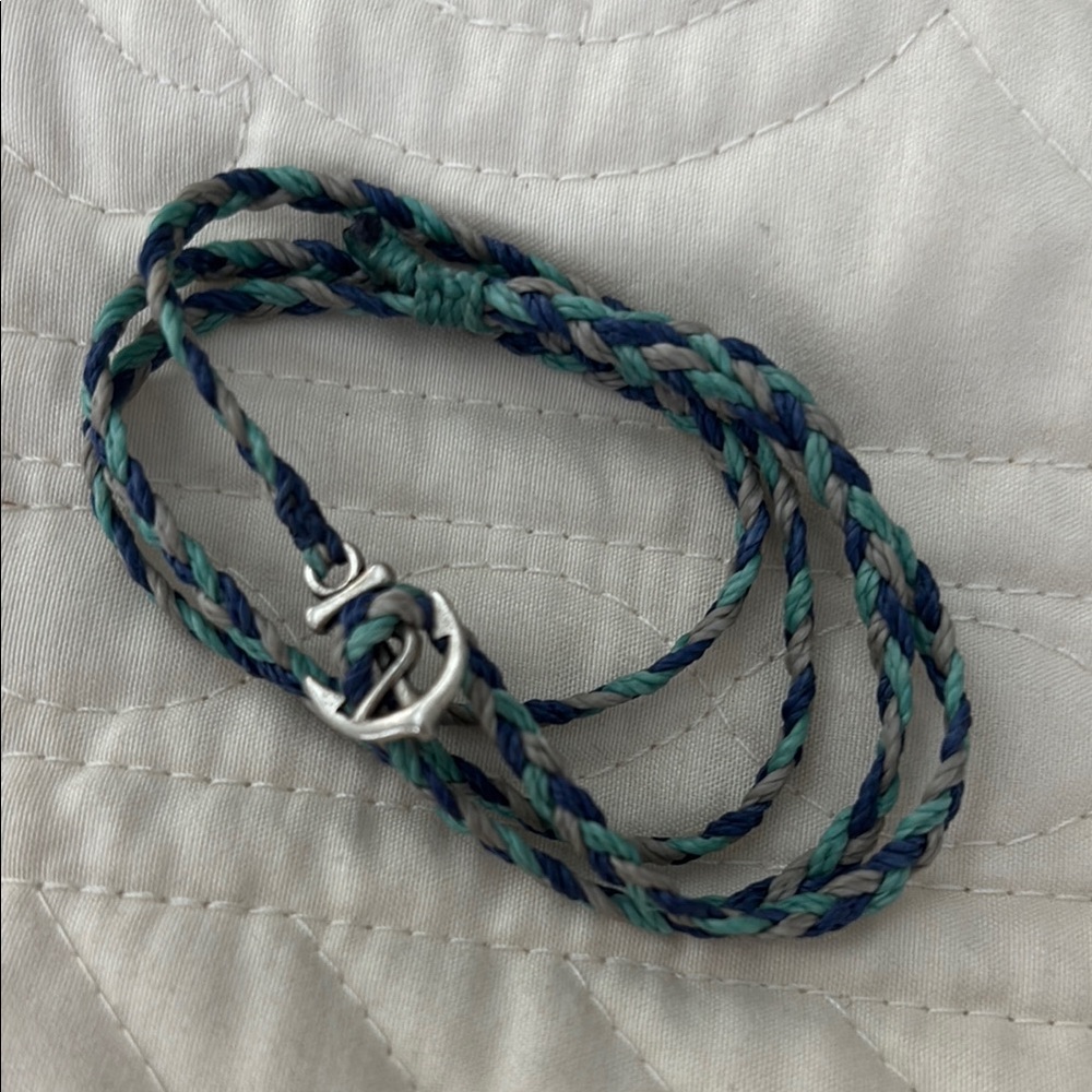 Blue and Green Braided Bracelet with Silver Anchor